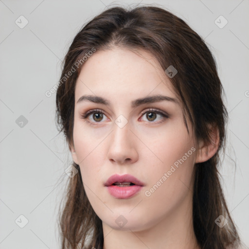 Neutral white young-adult female with medium  brown hair and brown eyes