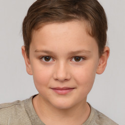 Joyful white child female with short  brown hair and brown eyes