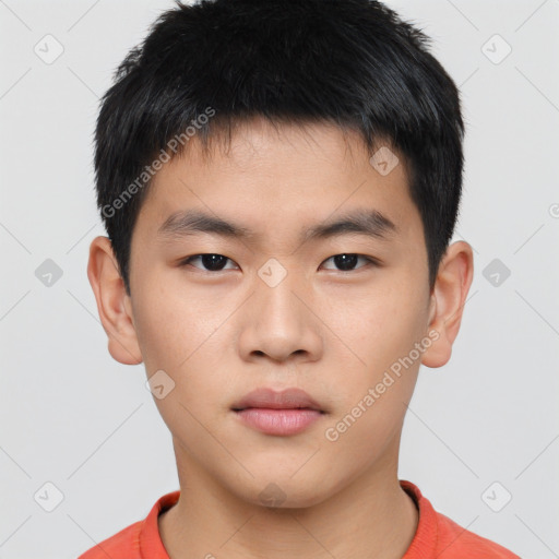 Neutral asian young-adult male with short  brown hair and brown eyes