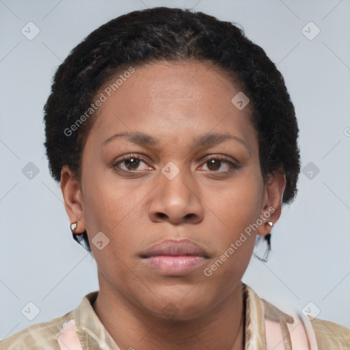 Neutral white young-adult female with short  brown hair and brown eyes