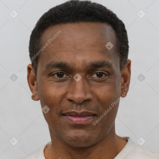 Joyful black adult male with short  black hair and brown eyes