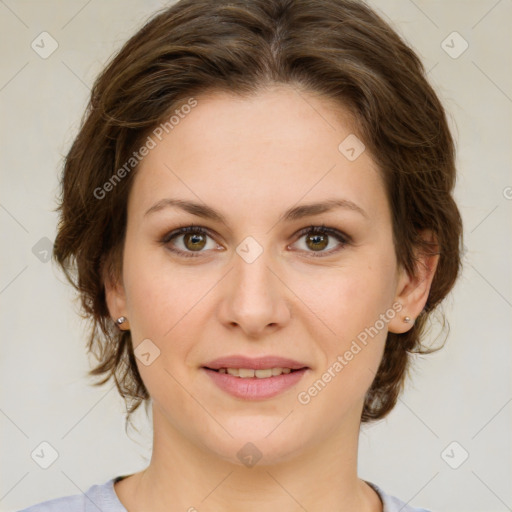 Joyful white young-adult female with medium  brown hair and green eyes