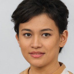 Joyful asian young-adult female with short  brown hair and brown eyes