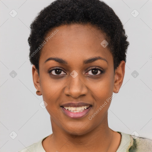 Joyful black young-adult female with short  black hair and brown eyes