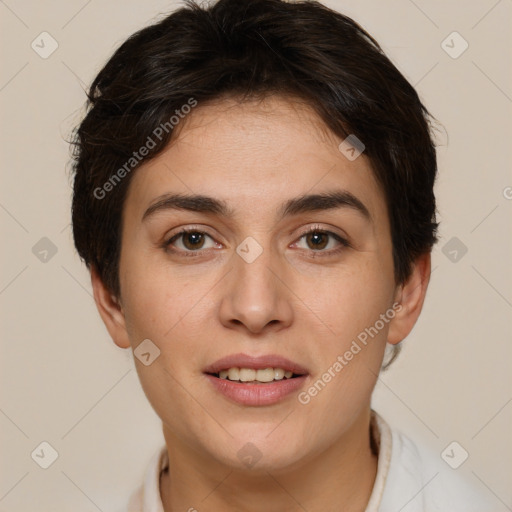 Joyful white young-adult female with short  brown hair and brown eyes