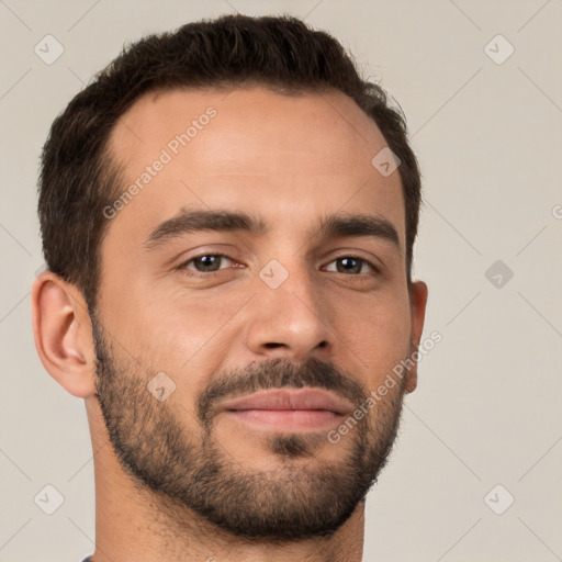 Neutral white young-adult male with short  brown hair and brown eyes