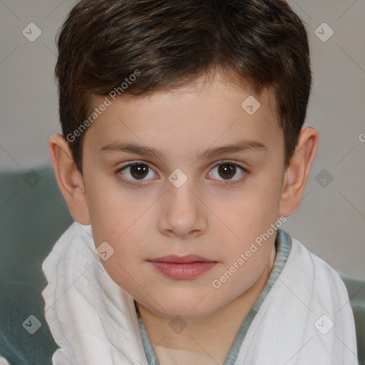 Joyful white child male with short  brown hair and brown eyes