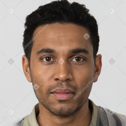 Neutral latino young-adult male with short  black hair and brown eyes