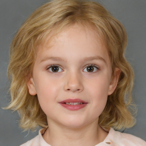 Joyful white child female with medium  brown hair and brown eyes