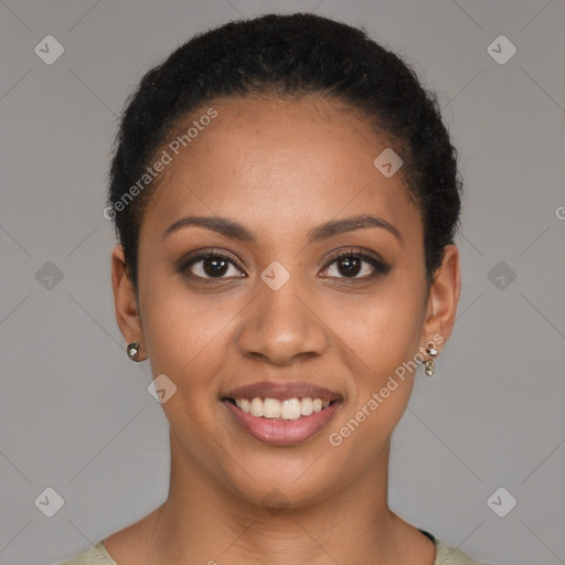 Joyful black young-adult female with short  brown hair and brown eyes