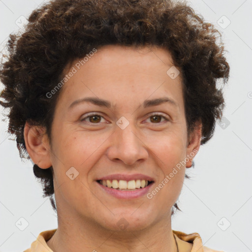 Joyful white adult female with short  brown hair and brown eyes