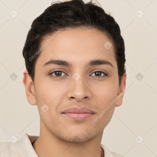 Neutral white young-adult male with short  brown hair and brown eyes