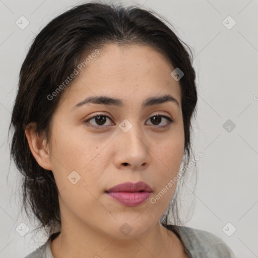 Neutral white young-adult female with medium  brown hair and brown eyes