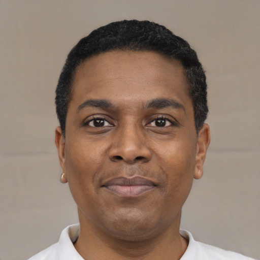 Neutral black young-adult male with short  black hair and brown eyes