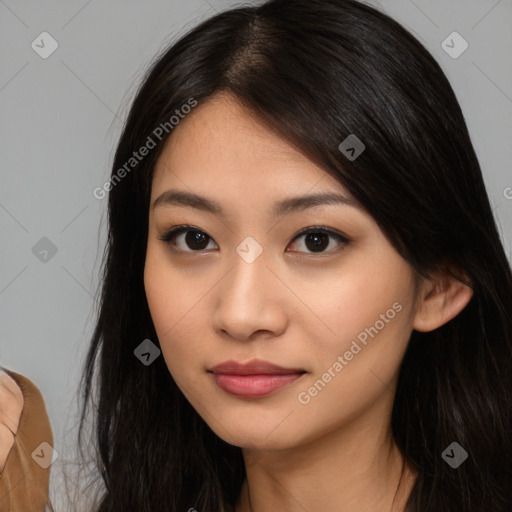 Neutral asian young-adult female with long  black hair and brown eyes