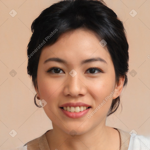 Joyful asian young-adult female with medium  black hair and brown eyes