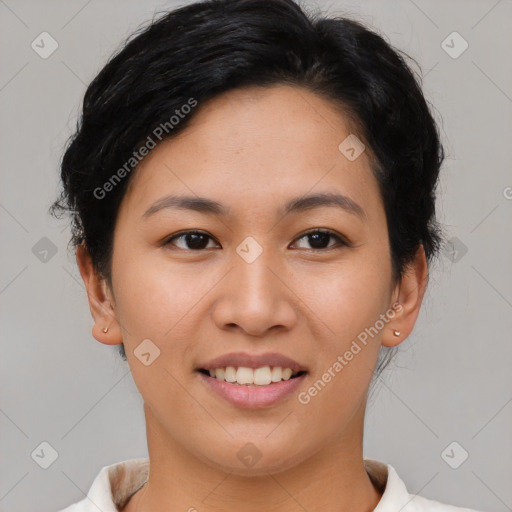 Joyful asian young-adult female with short  brown hair and brown eyes