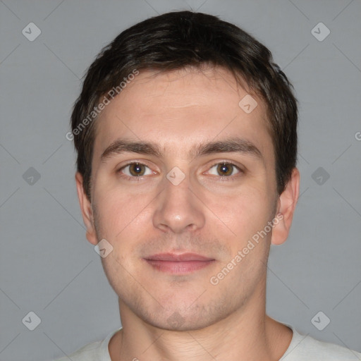 Neutral white young-adult male with short  brown hair and brown eyes