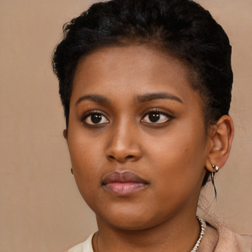 Neutral black young-adult female with short  brown hair and brown eyes