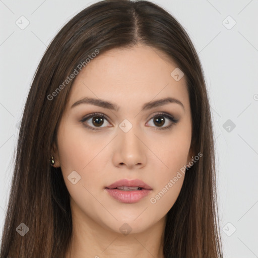 Neutral white young-adult female with long  brown hair and brown eyes