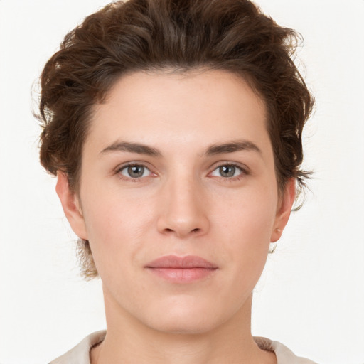 Neutral white young-adult female with short  brown hair and brown eyes