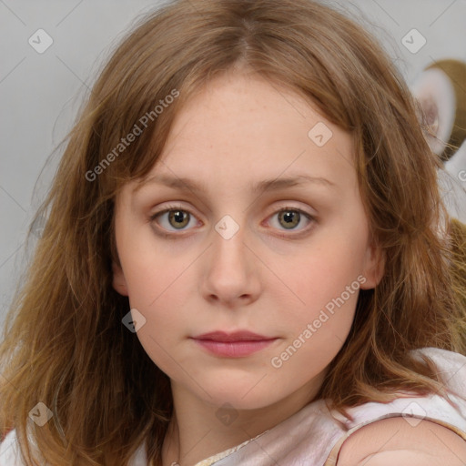 Neutral white child female with medium  brown hair and blue eyes