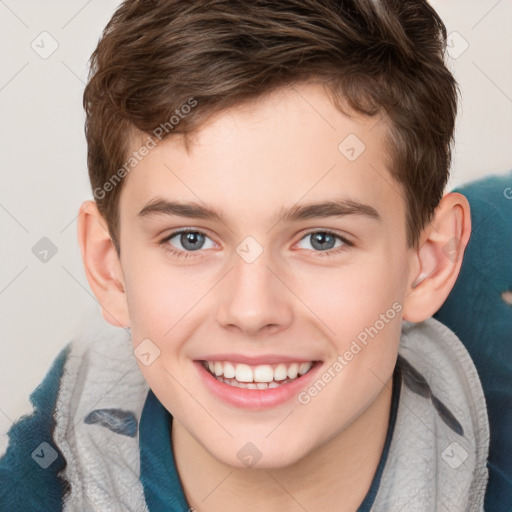 Joyful white child male with short  brown hair and brown eyes