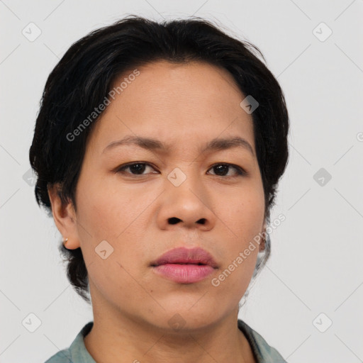 Neutral asian adult female with medium  brown hair and brown eyes