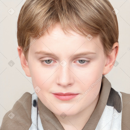 Joyful white young-adult female with short  brown hair and blue eyes