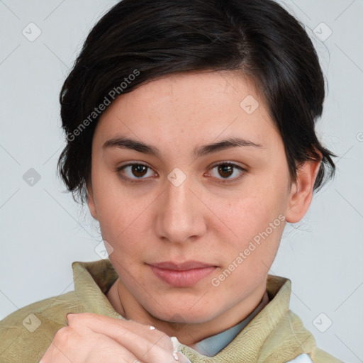 Neutral white young-adult female with medium  brown hair and brown eyes