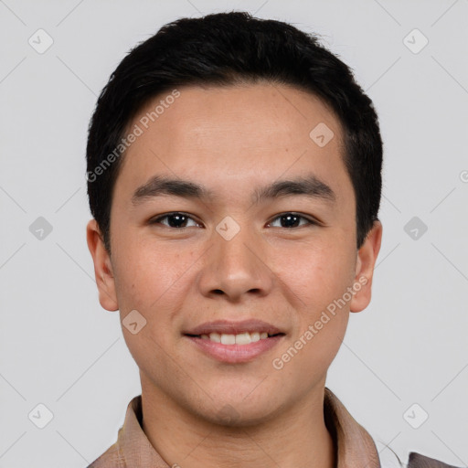 Joyful latino young-adult male with short  black hair and brown eyes