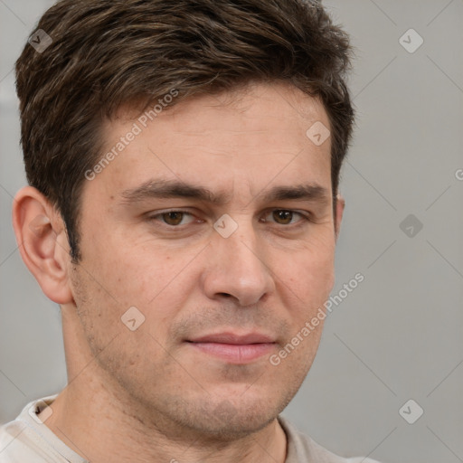 Neutral white adult male with short  brown hair and brown eyes