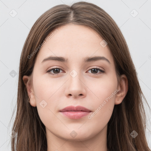 Neutral white young-adult female with long  brown hair and grey eyes