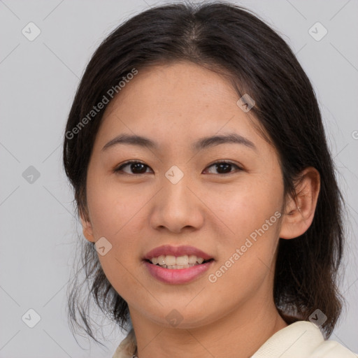 Joyful white young-adult female with medium  brown hair and brown eyes