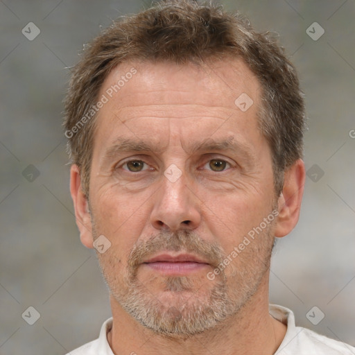 Neutral white middle-aged male with short  brown hair and brown eyes