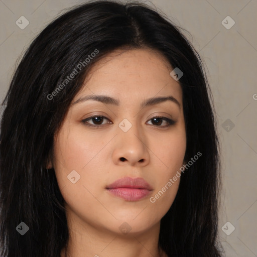 Neutral asian young-adult female with long  brown hair and brown eyes