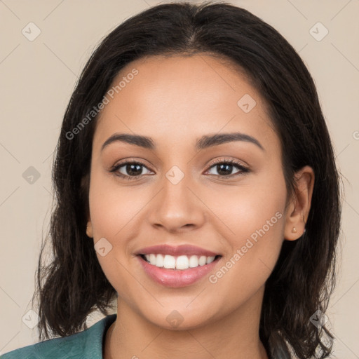 Joyful white young-adult female with long  brown hair and brown eyes