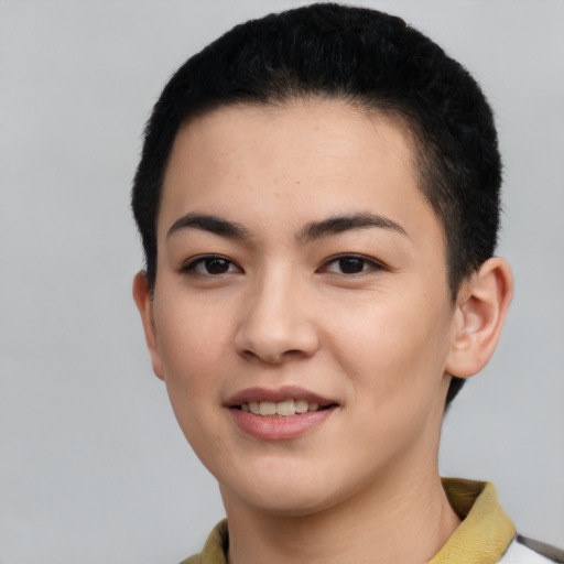 Joyful white young-adult female with short  black hair and brown eyes