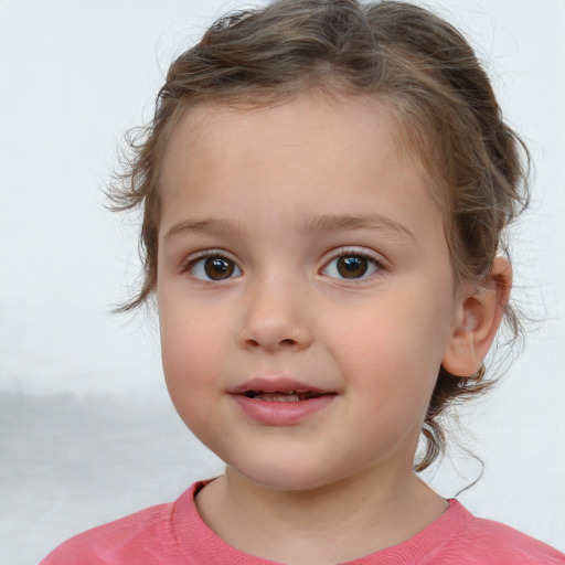 Joyful white child female with medium  brown hair and brown eyes