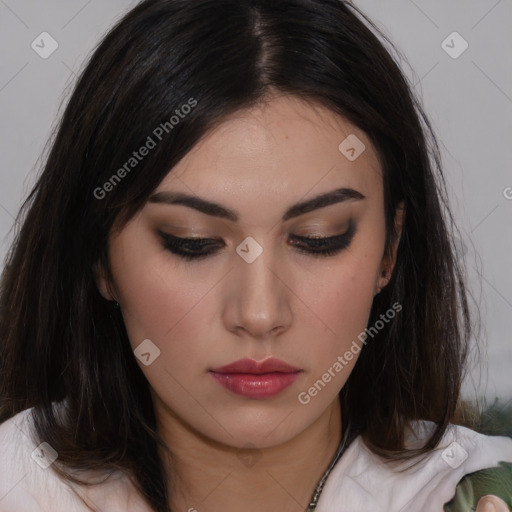 Neutral white young-adult female with long  brown hair and brown eyes