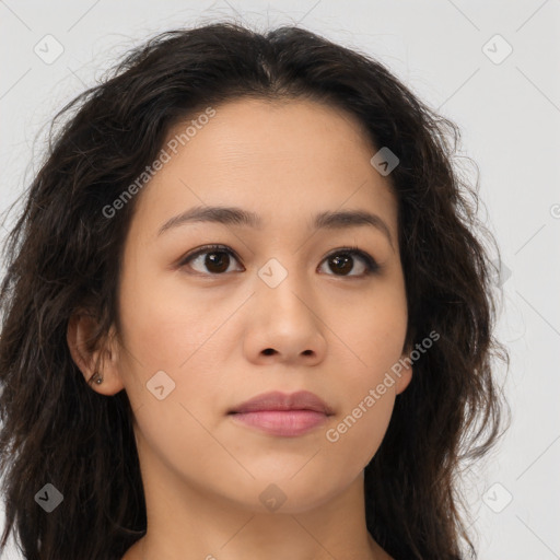 Neutral asian young-adult female with long  brown hair and brown eyes