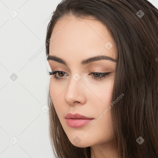 Neutral white young-adult female with long  brown hair and brown eyes