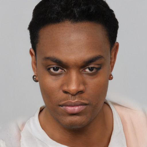 Neutral black young-adult male with short  black hair and brown eyes