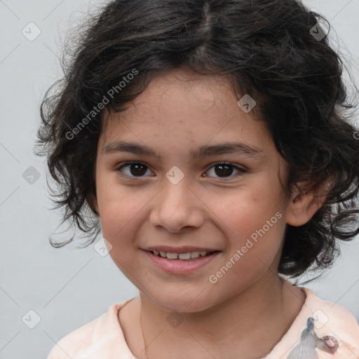 Joyful white child female with medium  brown hair and brown eyes