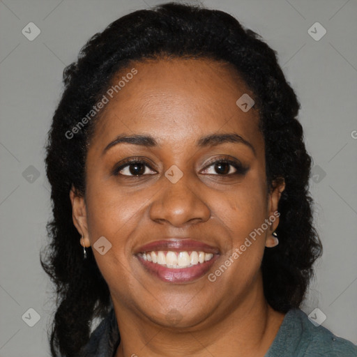 Joyful black young-adult female with medium  black hair and brown eyes