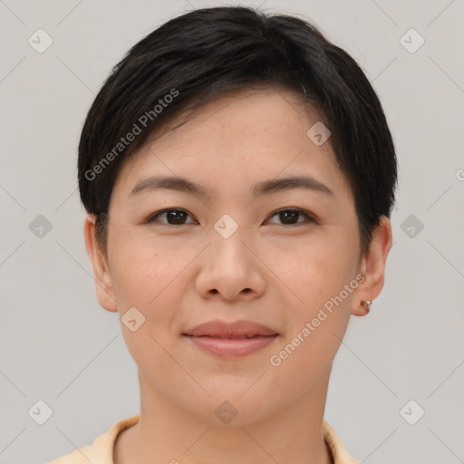 Joyful asian young-adult female with short  brown hair and brown eyes