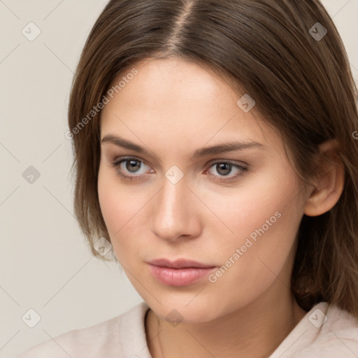 Neutral white young-adult female with medium  brown hair and brown eyes