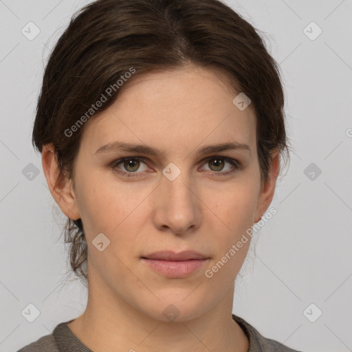 Neutral white young-adult female with short  brown hair and grey eyes