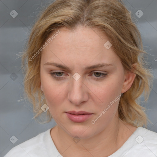 Joyful white young-adult female with medium  brown hair and blue eyes