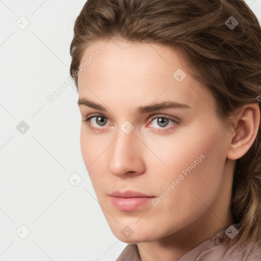 Neutral white young-adult female with medium  brown hair and grey eyes